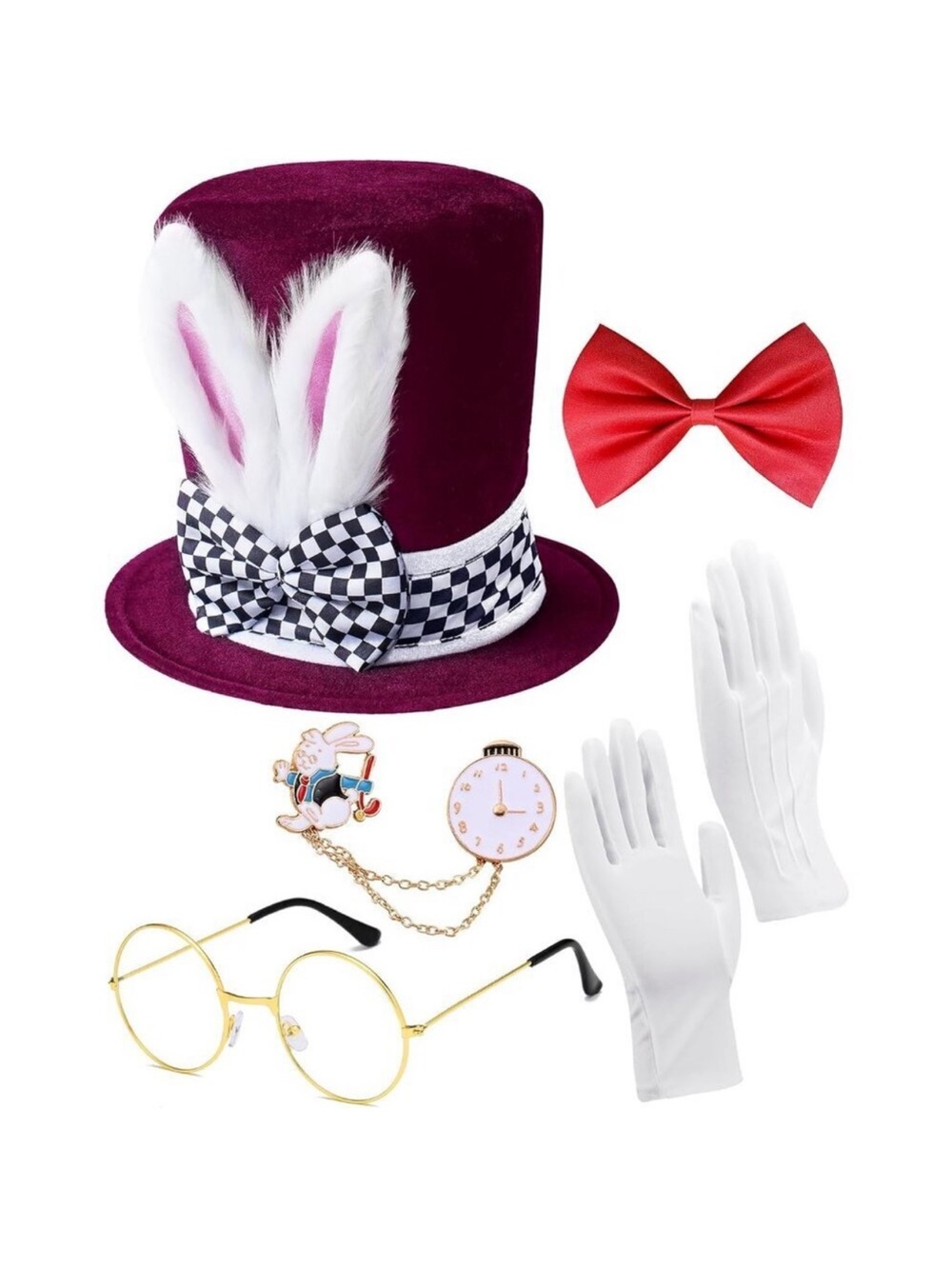 White Rabbit Costume Plush Bunny Ears Top Hat for Easter Halloween Cosplay